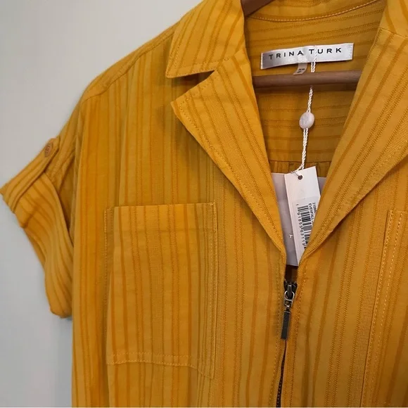 Trina Turk Evenfall Jumpsuit Honey Mustard Yellow Short Sleeve Cropped Size XS - Picture 7 of 11